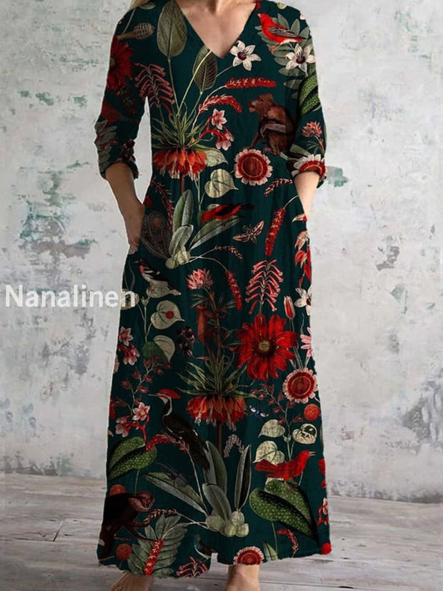 Retro Floral Art Print Chic V-Neck Three-Quarter Sleeve Elegant Midi Dress A / S