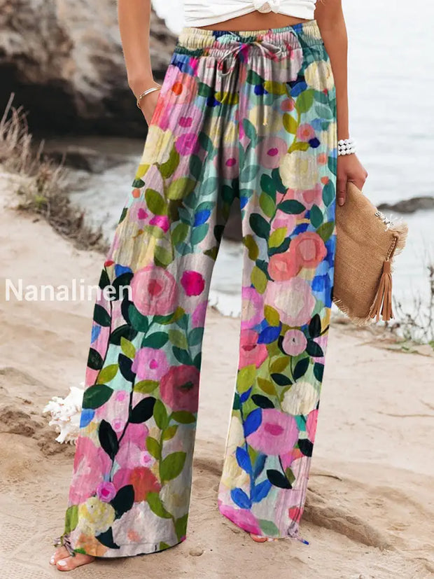 Retro Floral Art Print Elastic Waist Drawstring Pocket Casual Trousers A / S