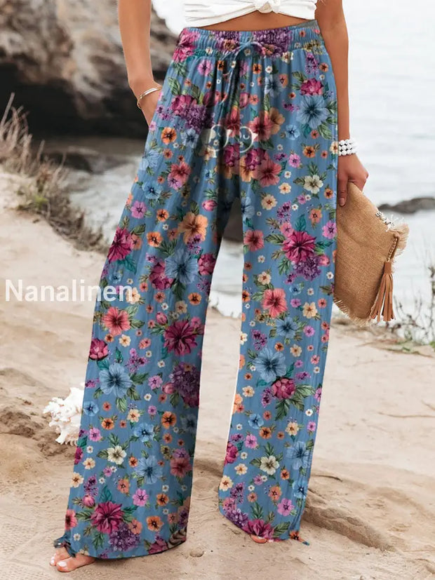 Retro Floral Art Print Elastic Waist Drawstring Pocket Casual Trousers A / S