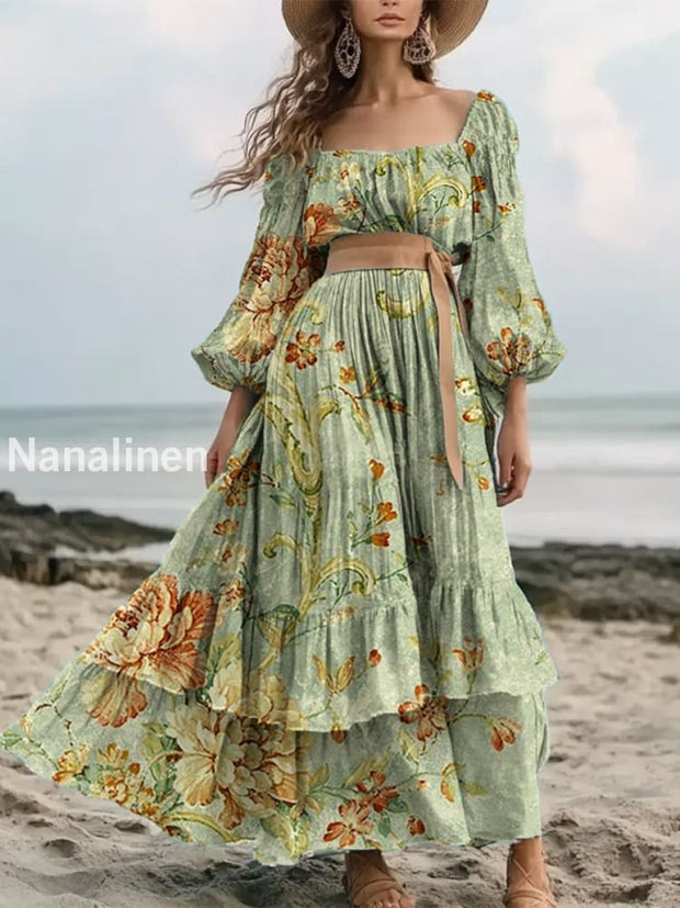 Retro Floral Art Print Elegant And Chic Loose Long-Sleeved Mid-Length Dress A / S