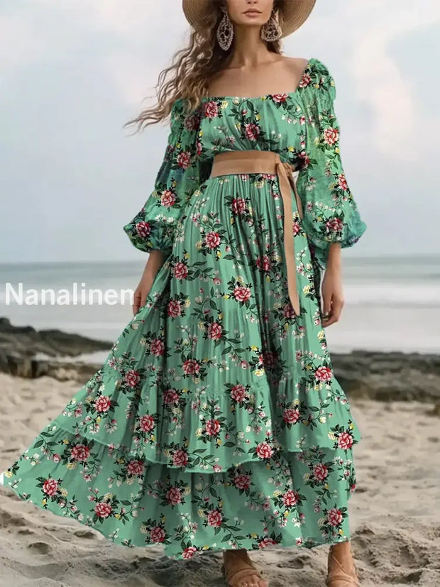 Retro Floral Art Print Elegant And Chic Loose Long-Sleeved Mid-Length Dress A / S