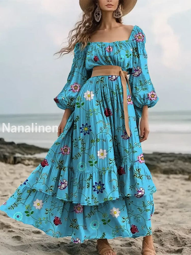 Retro Floral Art Print Elegant And Chic Loose Long-Sleeved Mid-Length Dress A / S