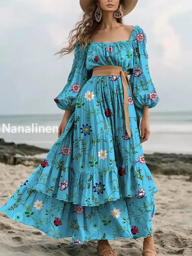 Retro Floral Art Print Elegant And Chic Loose Long-Sleeved Mid-Length Dress A / S