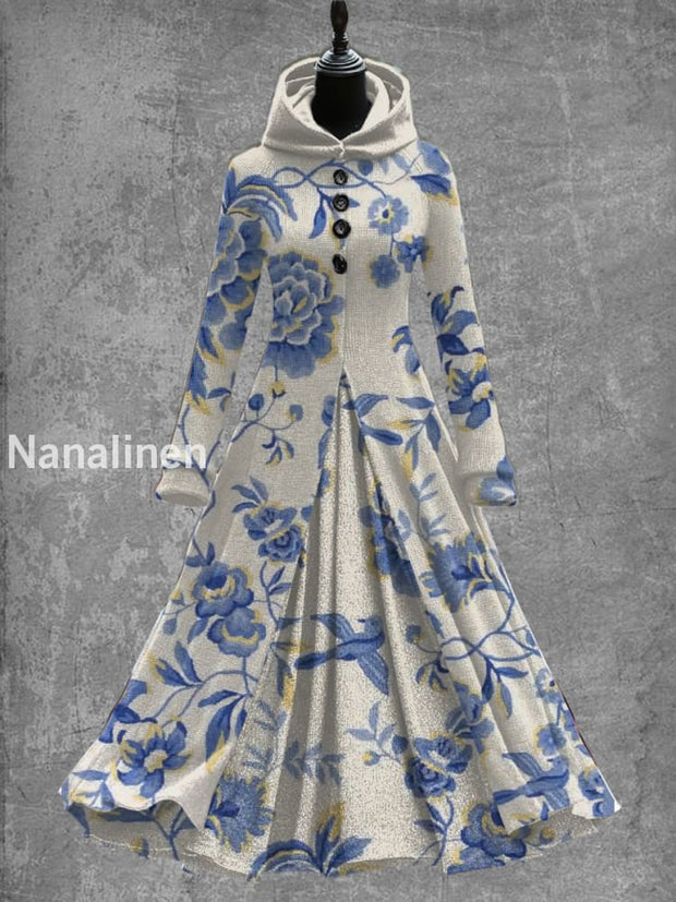 Retro Floral Art Print Hooded Splicing Long Sleeve 50S Elegant Slim Fake Two-Piece Midi Dress