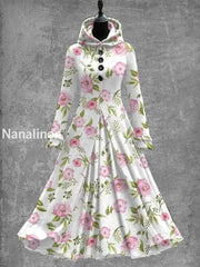 Retro Floral Art Print Hooded Splicing Long Sleeve 50S Elegant Slim Fake Two-Piece Midi Dress