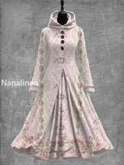 Retro Floral Art Print Hooded Splicing Long Sleeve 50S Elegant Slim Fake Two-Piece Midi Dress