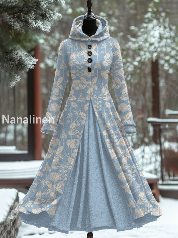 Retro Floral Art Print Hooded Splicing Long Sleeve 50S Elegant Slim Fake Two-Piece Midi Dress A / S