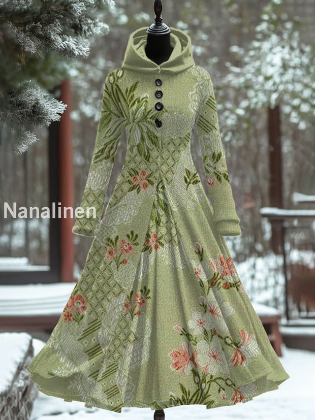 Retro Floral Art Print Hooded Splicing Long Sleeve 50S Elegant Slim Fake Two-Piece Midi Dress A / S