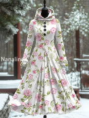 Retro Floral Art Print Hooded Splicing Long Sleeve 50S Elegant Slim Fake Two-Piece Midi Dress A / S