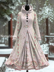 Retro Floral Art Print Hooded Splicing Long Sleeve 50S Elegant Slim Fake Two-Piece Midi Dress A / S