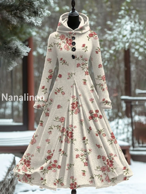 Retro Floral Art Print Hooded Splicing Long Sleeve 50S Elegant Slim Fake Two-Piece Midi Dress A / S