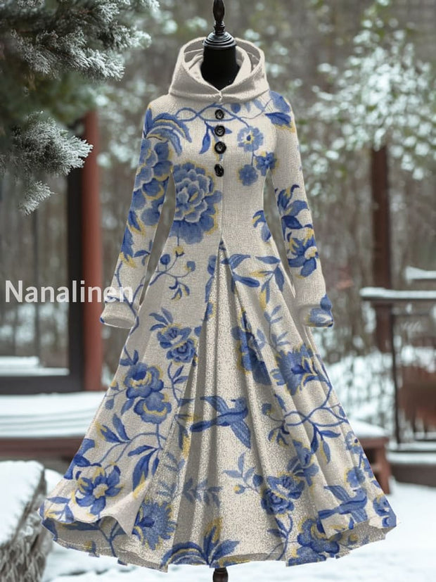 Retro Floral Art Print Hooded Splicing Long Sleeve 50S Elegant Slim Fake Two-Piece Midi Dress A / S