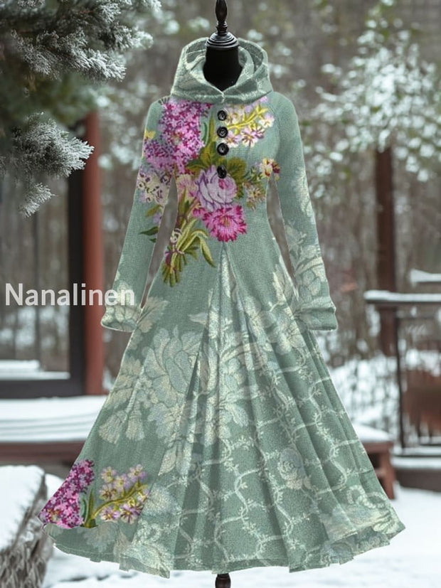 Retro Floral Art Print Hooded Splicing Long Sleeve 50S Elegant Slim Fake Two-Piece Midi Dress A / S