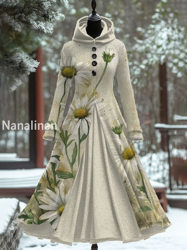 Retro Floral Art Print Hooded Splicing Long Sleeve 50S Elegant Slim Fake Two-Piece Midi Dress A / S