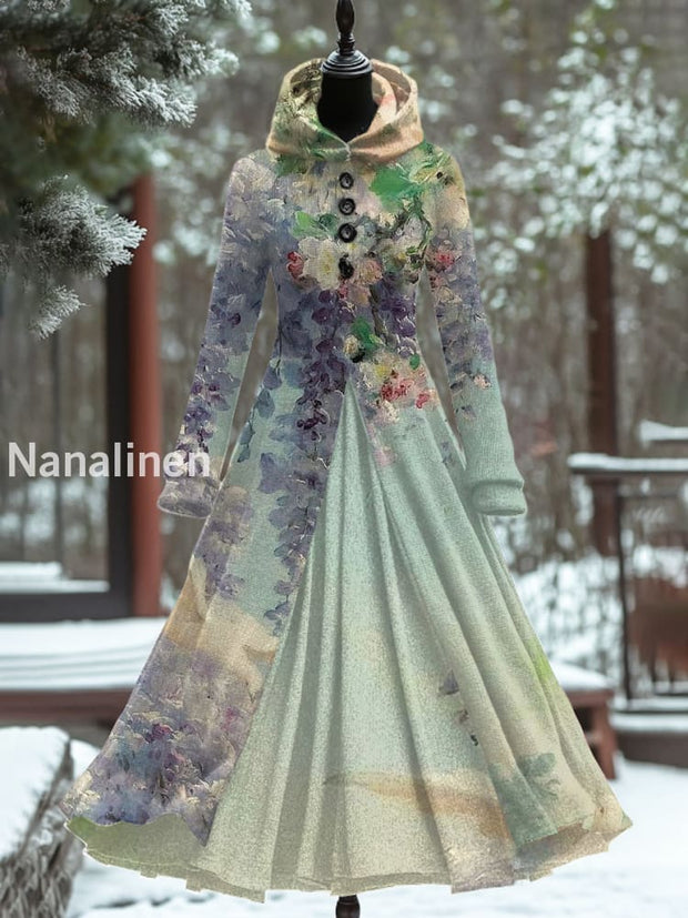 Retro Floral Art Print Hooded Splicing Long Sleeve 50S Elegant Slim Fake Two-Piece Midi Dress A / S