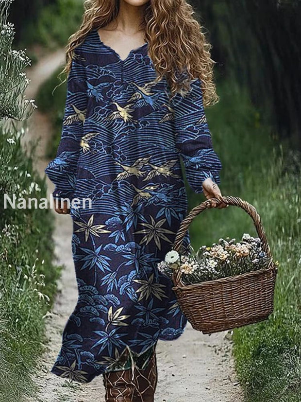 Retro Floral Art Print V-Neck Elegant Chic Loose Long Sleeve Midi Dress A / S