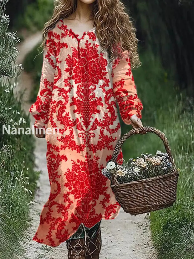 Retro Floral Art Print V-Neck Elegant Chic Loose Long Sleeve Midi Dress A / S