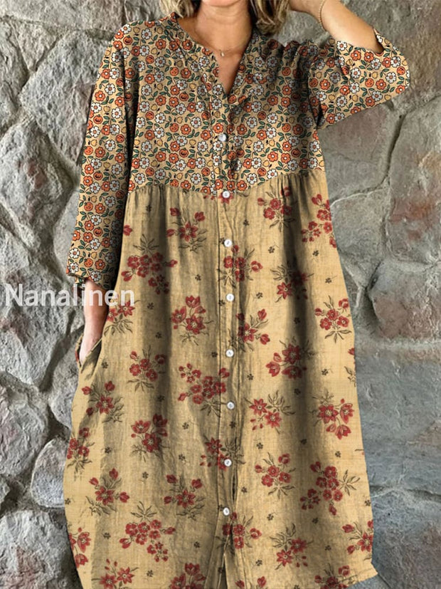 Retro Floral Art Print Vintage Chic V-Neck Button Up Long Sleeve Midi Dress A / S