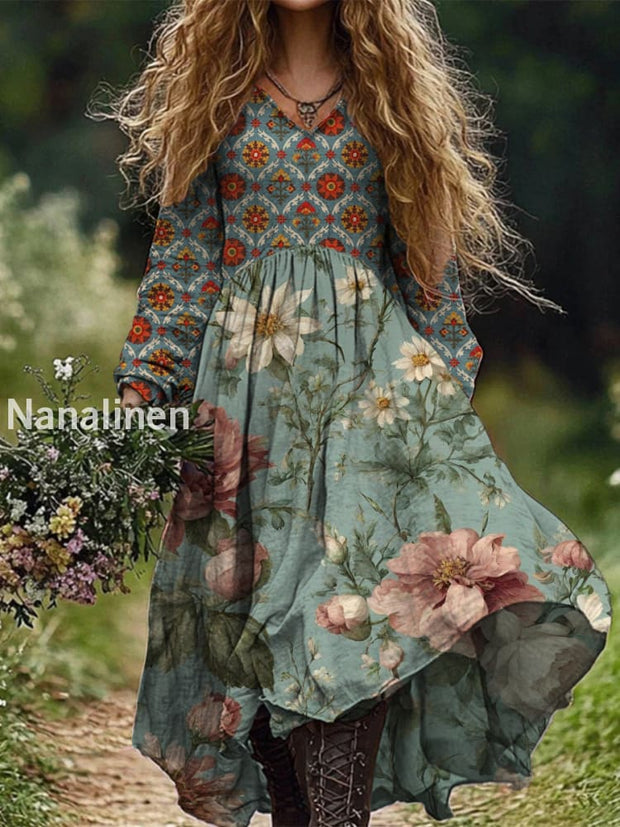 Retro Floral Art Print Vintage Chic V-Neck Button Up Long Sleeve Midi Dress A / S