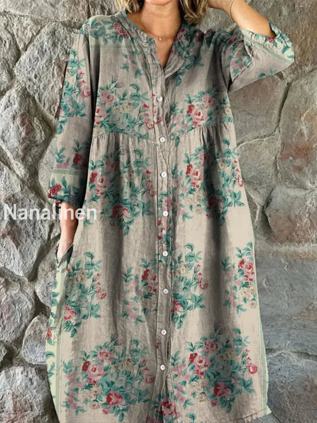 Retro Floral Art Print Vintage Chic V-Neck Button Up Long Sleeve Midi Dress A / S