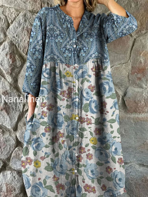 Retro Floral Art Print Vintage Chic V-Neck Button Up Long Sleeve Midi Dress A / S