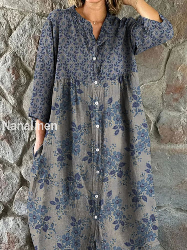 Retro Floral Art Print Vintage Chic V-Neck Button Up Long Sleeve Midi Dress A / S