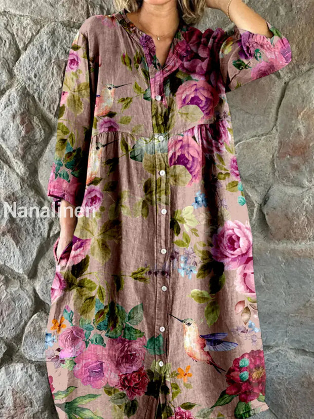 Retro Floral Art Print Vintage Chic V-Neck Button Up Long Sleeve Midi Dress A / S