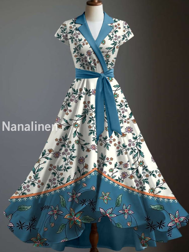 Retro Floral Art Print Vintage Chic V-Neck Button Up Long Sleeve Midi Dress A / S