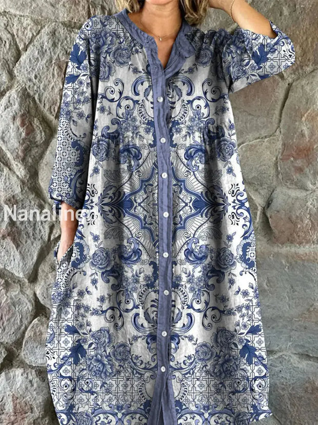 Retro Floral Art Print Vintage Chic V-Neck Button Up Long Sleeve Midi Dress A / S