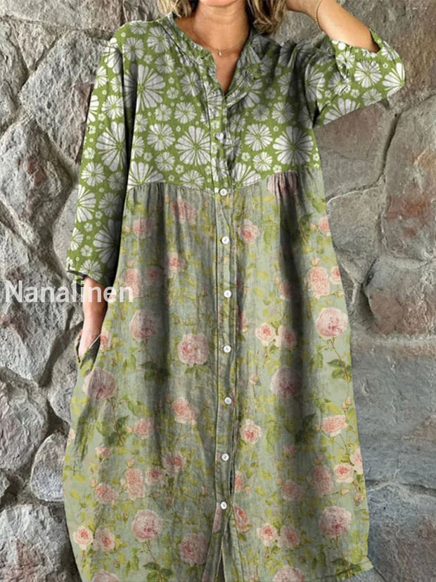 Retro Floral Art Print Vintage Chic V-Neck Button Up Long Sleeve Midi Dress A / S