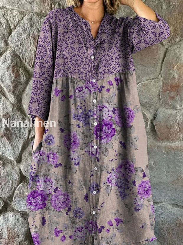 Retro Floral Art Print Vintage Chic V-Neck Button Up Long Sleeve Midi Dress A / S