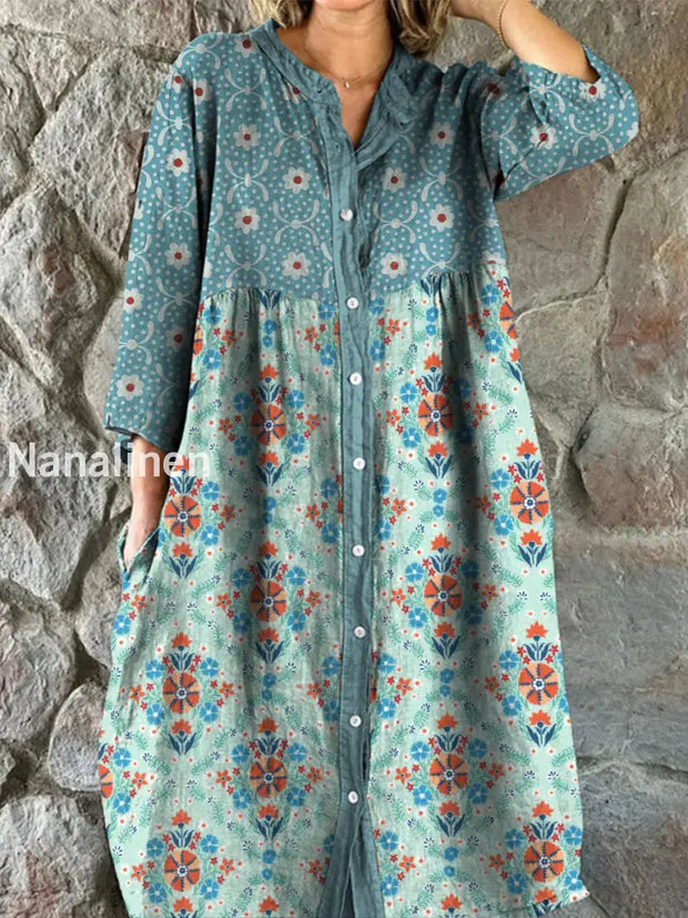 Retro Floral Art Print Vintage Chic V-Neck Button Up Long Sleeve Midi Dress A / S