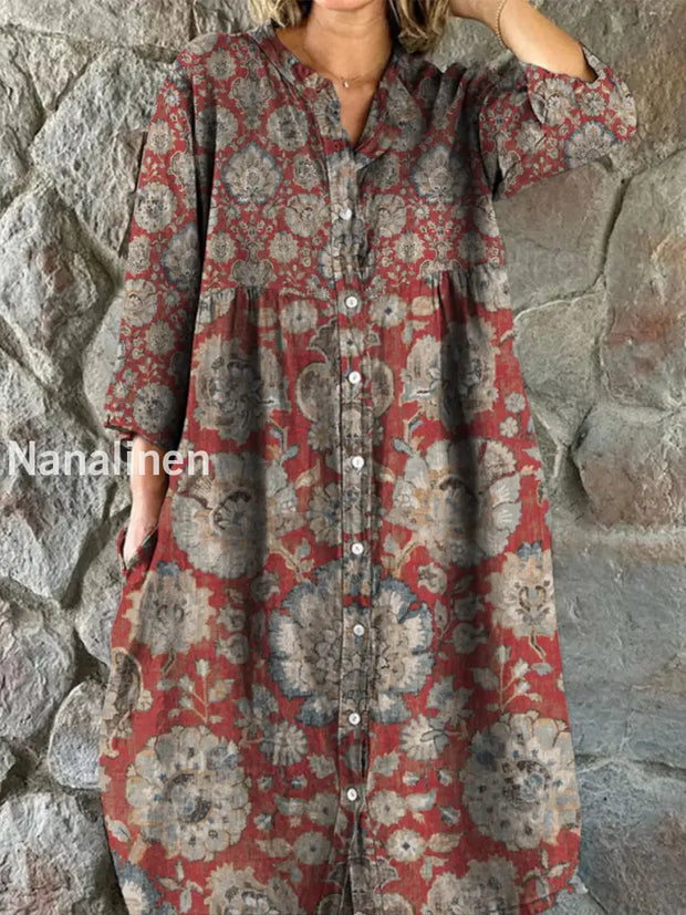 Retro Floral Art Print Vintage Chic V-Neck Button Up Long Sleeve Midi Dress A / S