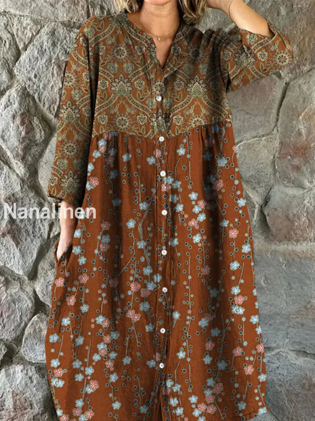 Retro Floral Art Print Vintage Chic V-Neck Button Up Long Sleeve Midi Dress A / S