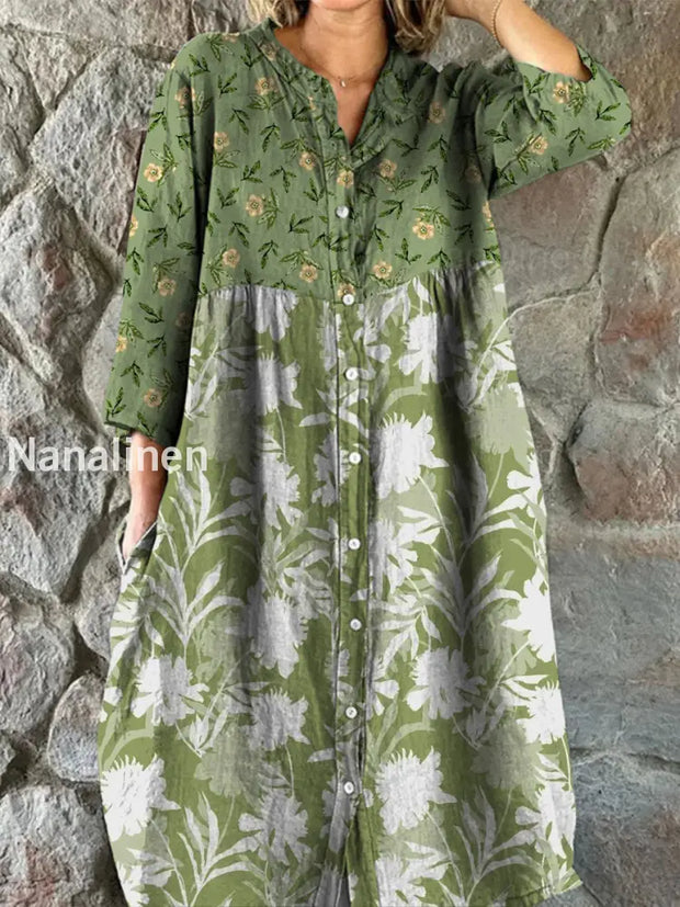 Retro Floral Art Print Vintage Chic V-Neck Button Up Long Sleeve Midi Dress A / S