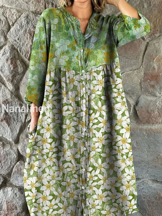 Retro Floral Art Print Vintage Chic V-Neck Button Up Long Sleeve Midi Dress A / S