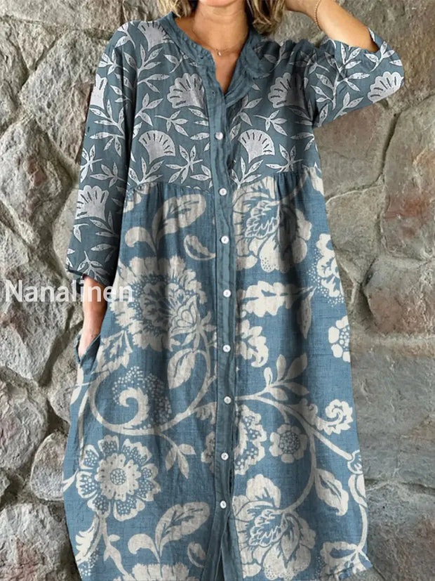 Retro Floral Art Print Vintage Chic V-Neck Button Up Long Sleeve Midi Dress A / S