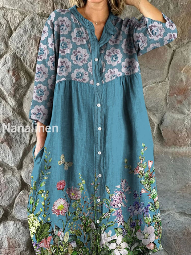 Retro Floral Art Print Vintage Chic V-Neck Button Up Long Sleeve Midi Dress A / S