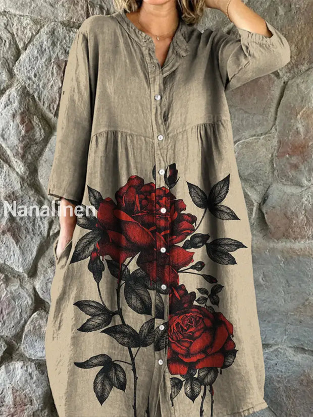 Retro Floral Art Print Vintage Chic V-Neck Button Up Long Sleeve Midi Dress A / S