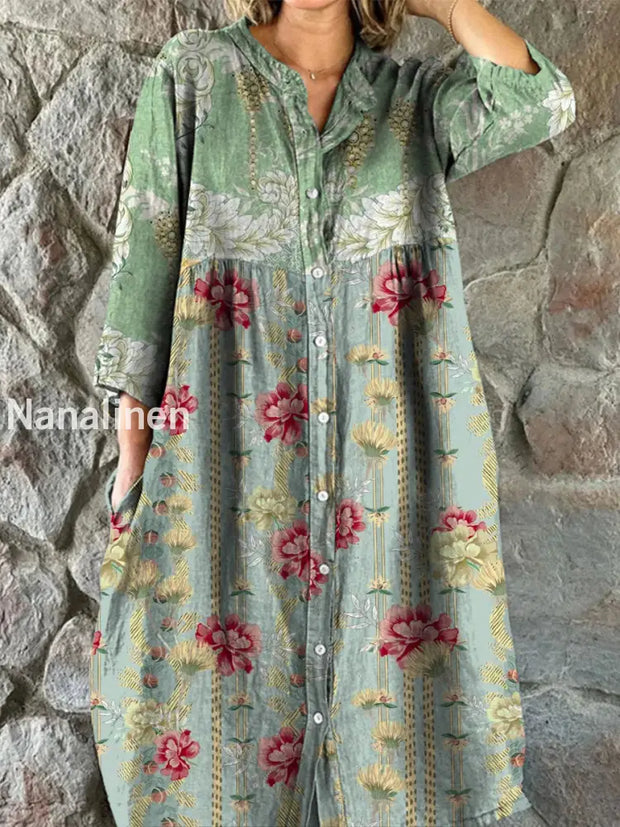 Retro Floral Art Print Vintage Chic V-Neck Button Up Long Sleeve Midi Dress A / S