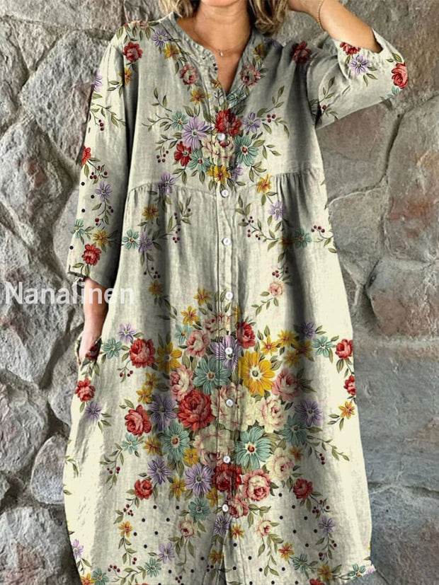 Retro Floral Art Print Vintage Chic V-Neck Button Up Long Sleeve Midi Dress A / S