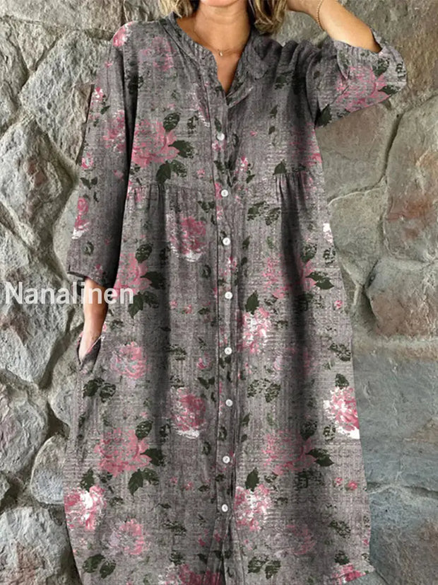 Retro Floral Art Print Vintage Chic V-Neck Button Up Long Sleeve Midi Dress A / S