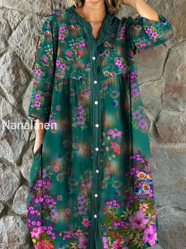 Retro Floral Art Print Vintage Chic V-Neck Button Up Long Sleeve Midi Dress A / S