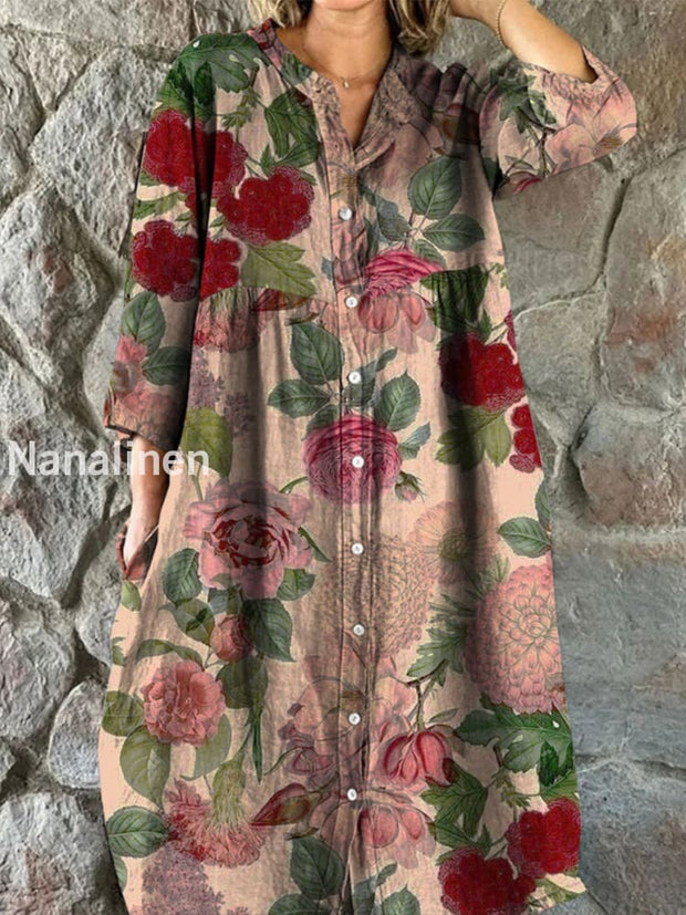 Retro Floral Art Print Vintage Chic V-Neck Button Up Long Sleeve Midi Dress A / S