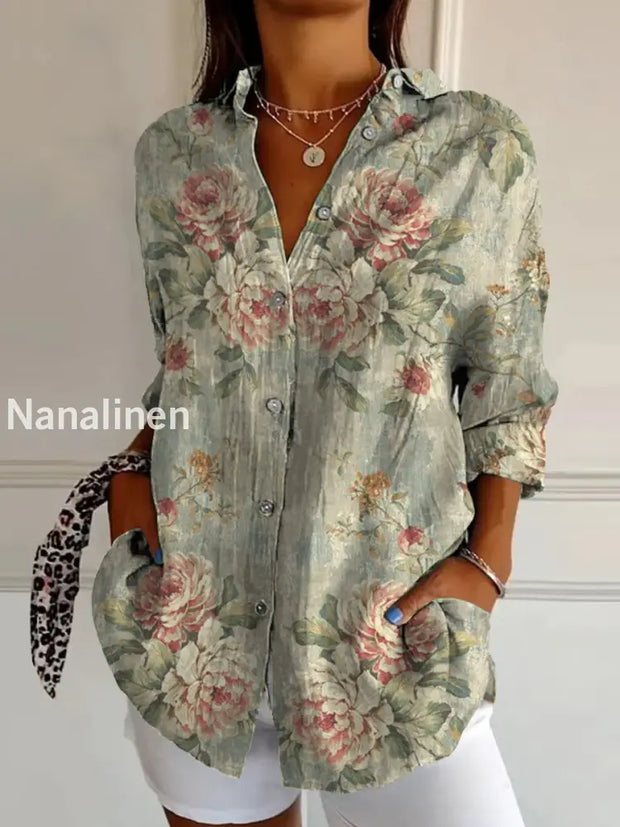 Retro Floral Art Print Vintage Chic V-Neck Button Up Long Sleeve Shirt A / S