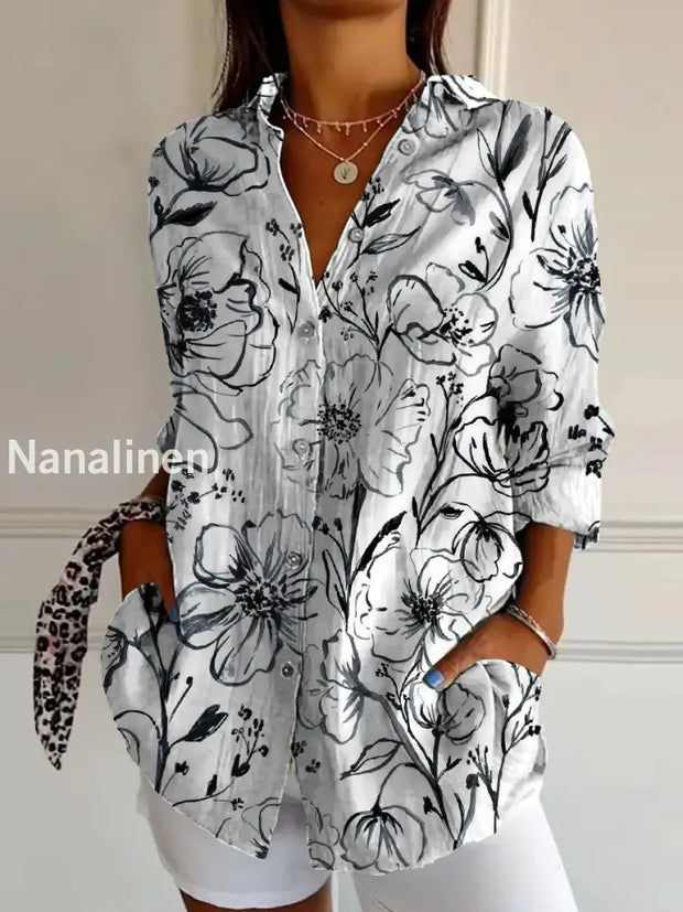 Retro Floral Art Print Vintage Chic V-Neck Button Up Long Sleeve Shirt A / S