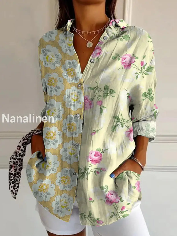 Retro Floral Art Print Vintage Chic V-Neck Button Up Long Sleeve Shirt A / S