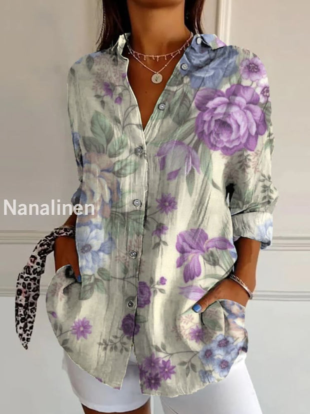 Retro Floral Art Print Vintage Chic V-Neck Button Up Long Sleeve Shirt A / S