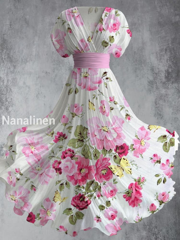 Retro Floral Art Printed Elegant V-Neck Vintage Short Sleeve Maxi Dress A / S