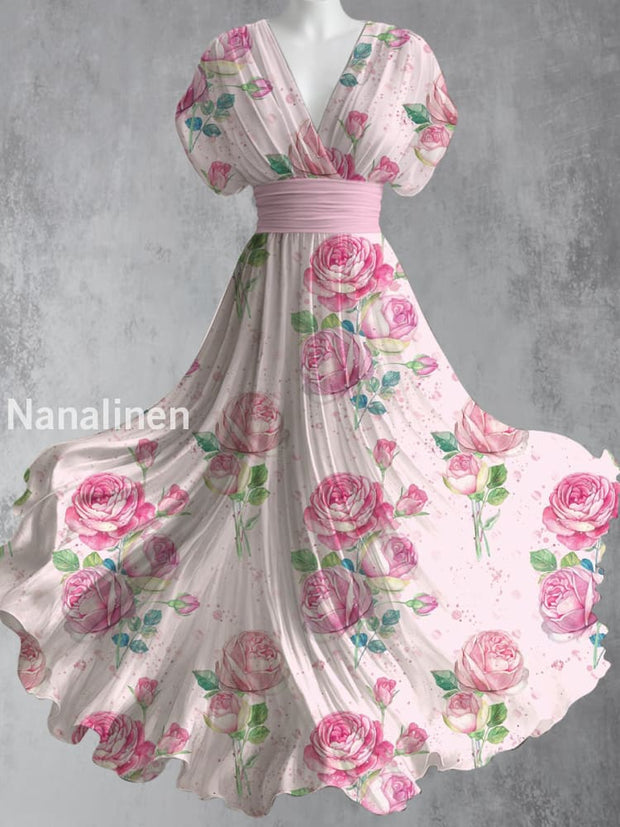 Retro Floral Art Printed Elegant V-Neck Vintage Short Sleeve Maxi Dress A / S